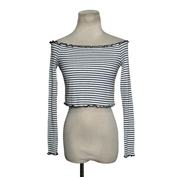 H&M white black stripes long sleeves crop knit top size Small - Picture 1 of 11